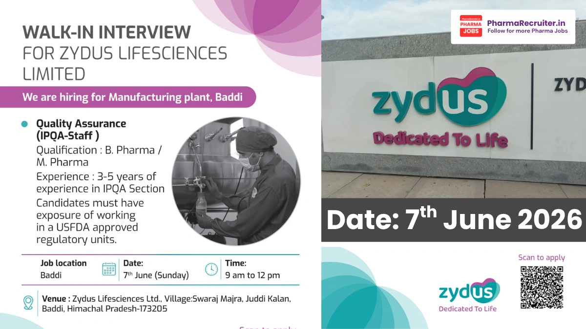Zydus Lifesciences Walk-in Interview 2026 – Quality Assurance (IPQA) Jobs in Baddi