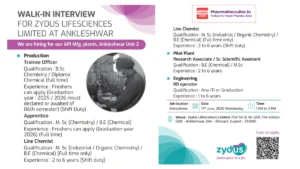 Zydus Lifesciences Walk-in Interview Ankleshwar on 17th June 2026