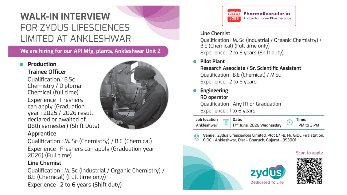 Zydus Lifesciences Walk-in Interview Ankleshwar on 17th June 2026