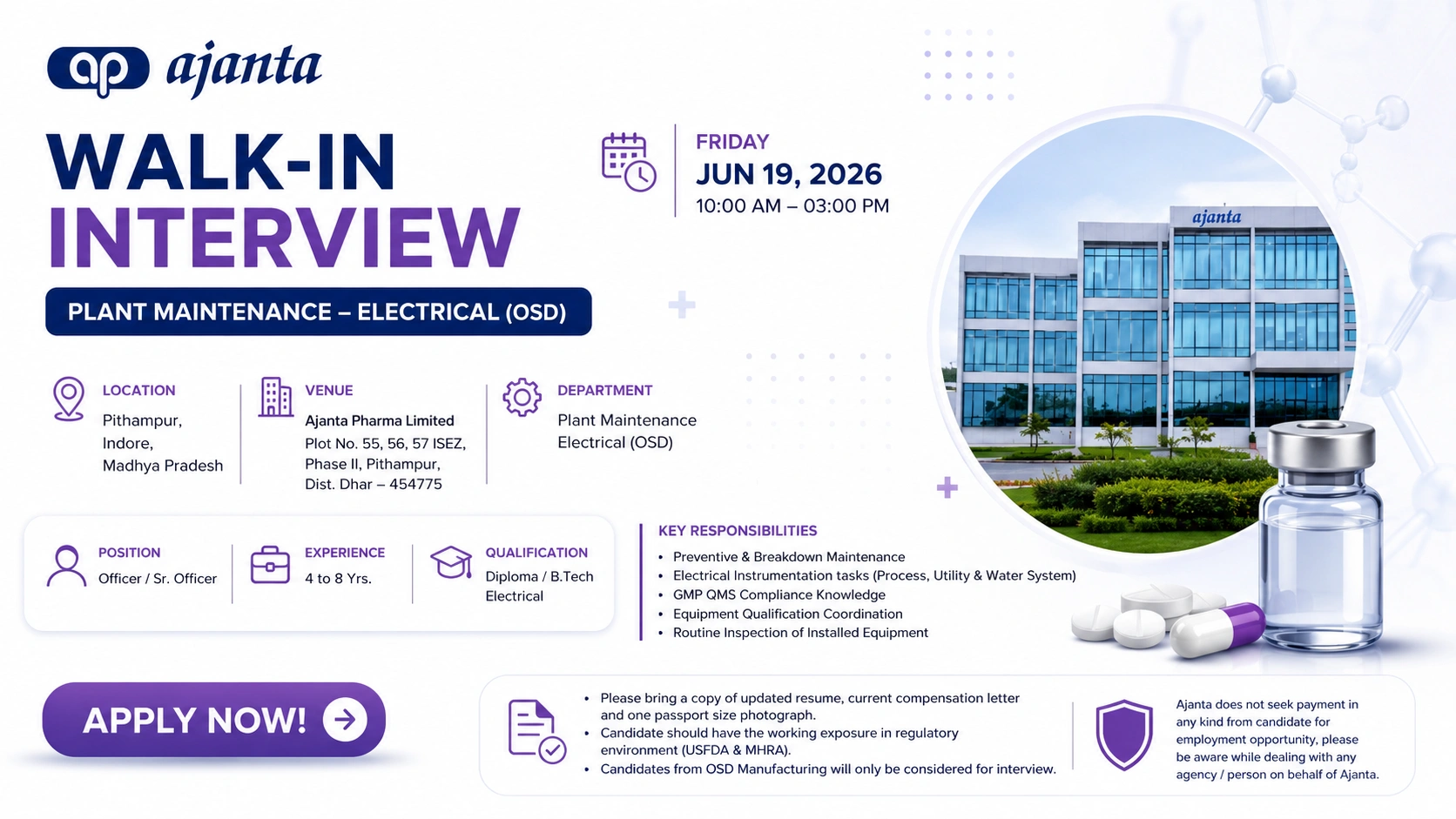 Ajanta Pharma Walk-In Interview for Plant Maintenance Electrical (OSD) – Officer & Senior Officer Jobs in Pithampur, Indore on 19 June 2026 (Friday)