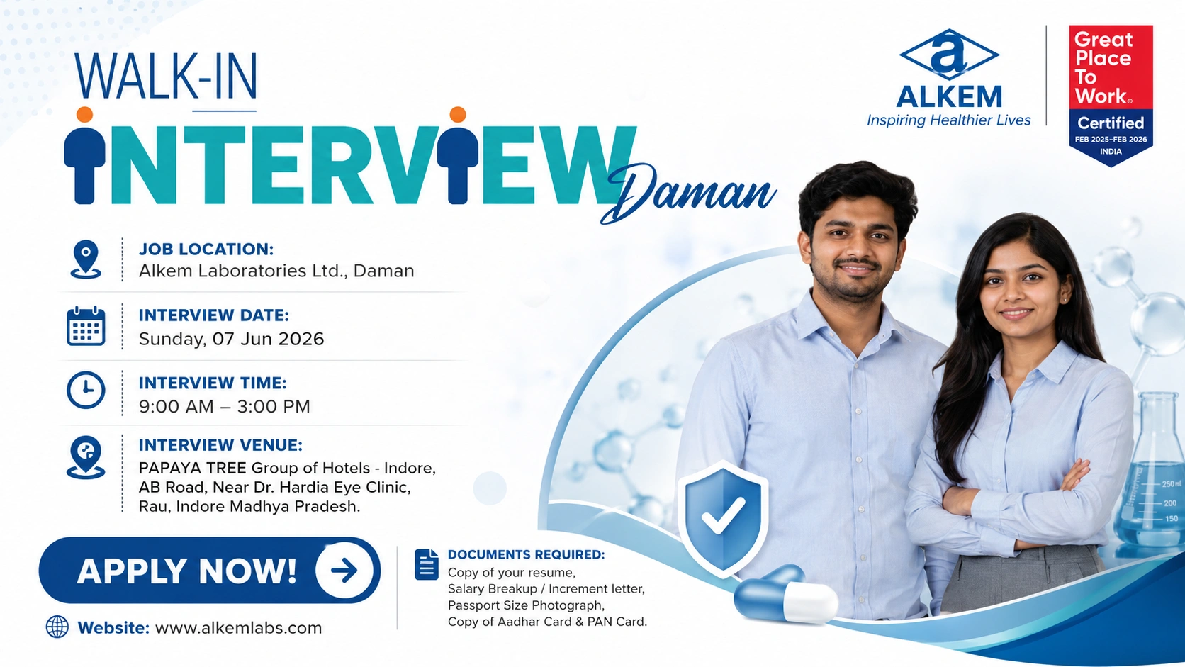 Alkem Laboratories Walk-In Interview for QC, Production Manufacturing & Packing Roles at Daman on Sunday, 07 June 2026
