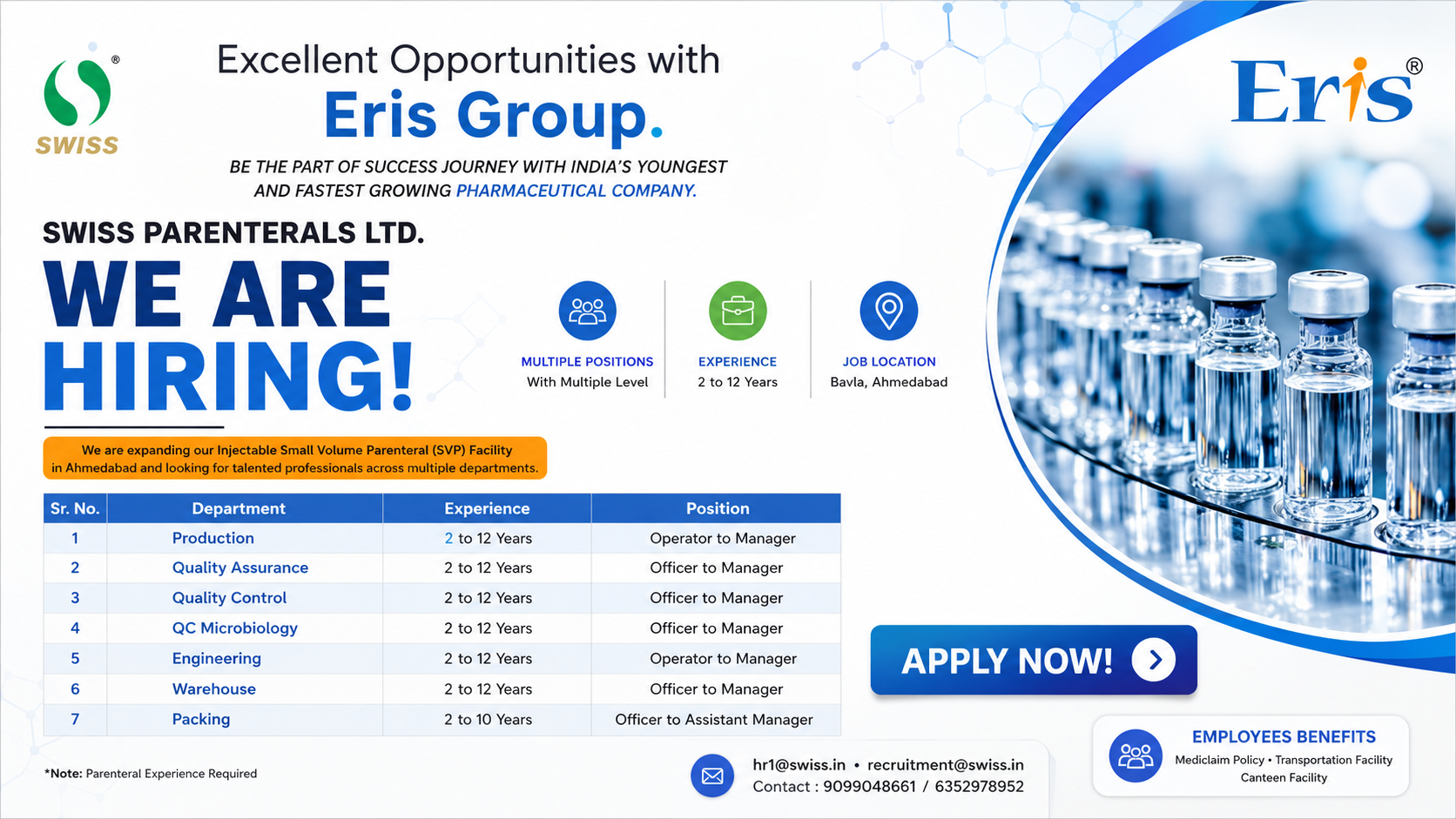 Eris Group Hiring for Multiple Pharma Positions at Swiss Parenterals Ltd., Ahmedabad | Production, QA, QC, Engineering & Warehouse Jobs