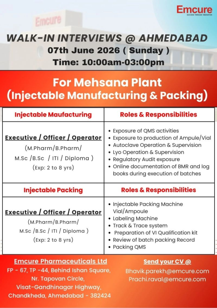 Emcure Pharmaceuticals is conducting a walk-in interview on 7th June 2026 for Executive, Officer, and Operator positions in Injectable Manufacturing and Packing at its Mehsana Plant. 