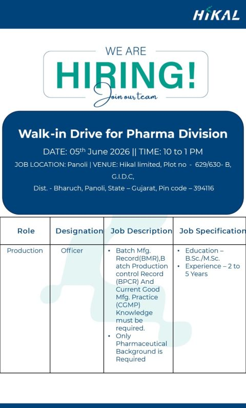 Hikal Limited Walk-in Drive on 5th June 2026