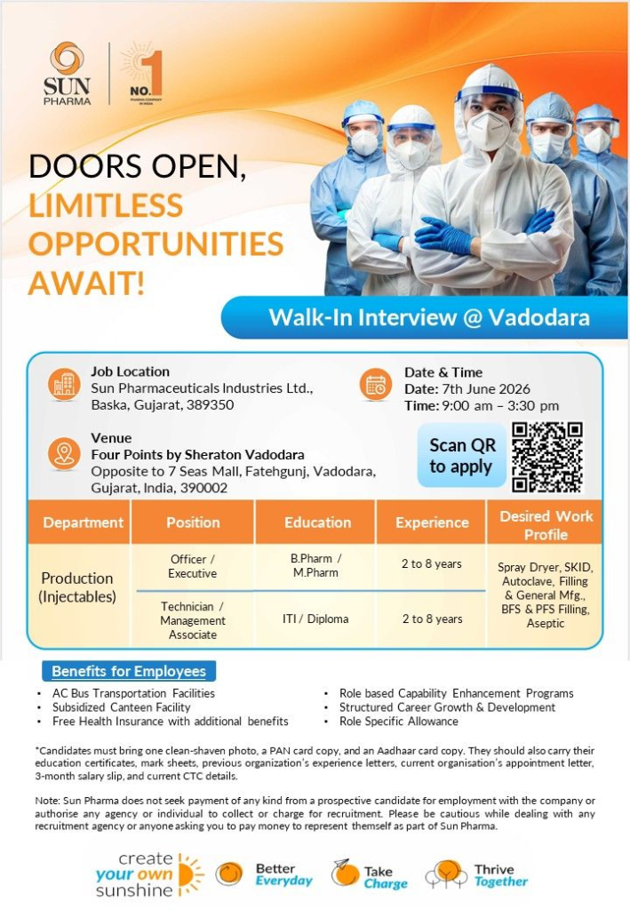 Sun Pharma Walk-in Interview on 7th June 2026 – Production