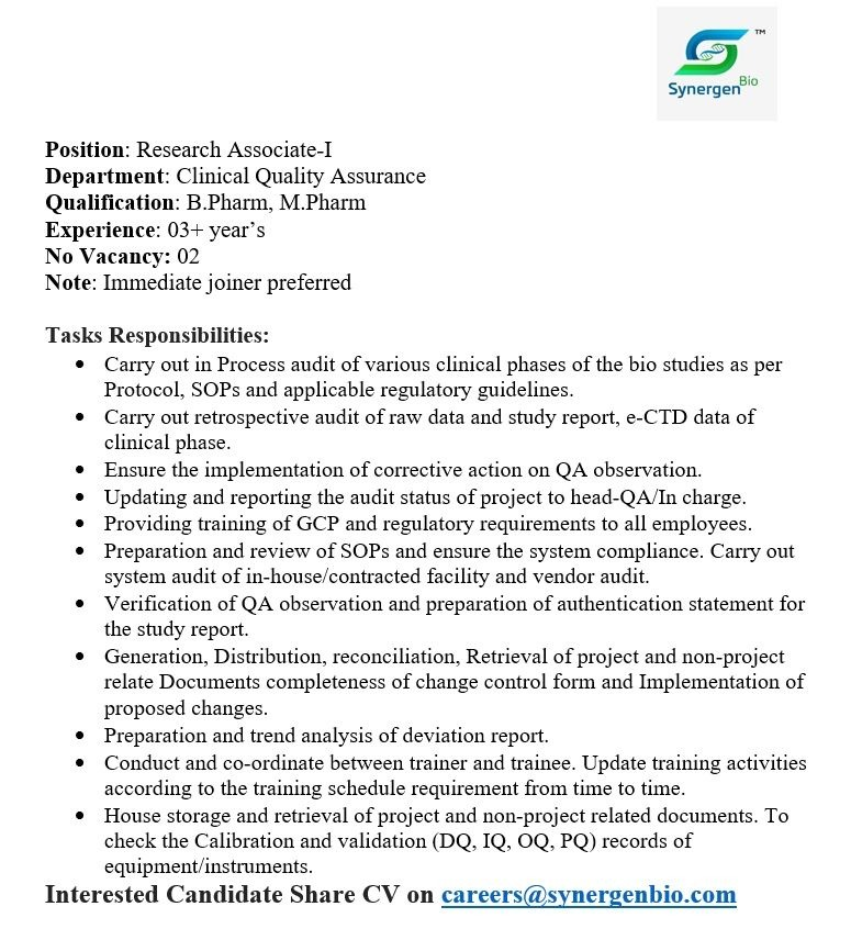 Synergen Bio is hiring for Research Associate-I in Clinical Quality Assurance. This is a great pharma job opportunity for B.Pharm/M.Pharm professionals with 3+ years of experience in clinical QA.