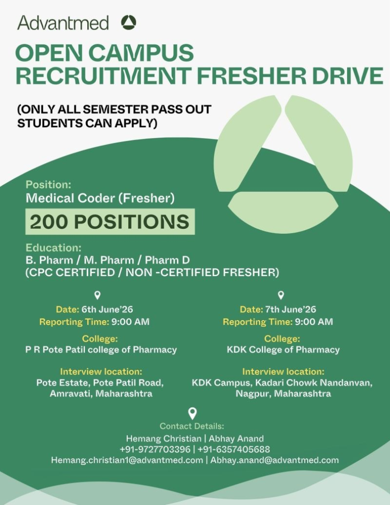 Advantmed is hiring 200 Medical Coders (Freshers) through open campus recruitment drives on 6th and 7th June 2026. This is a fantastic pharma job opportunity for B.Pharm, M.Pharm, and Pharm D