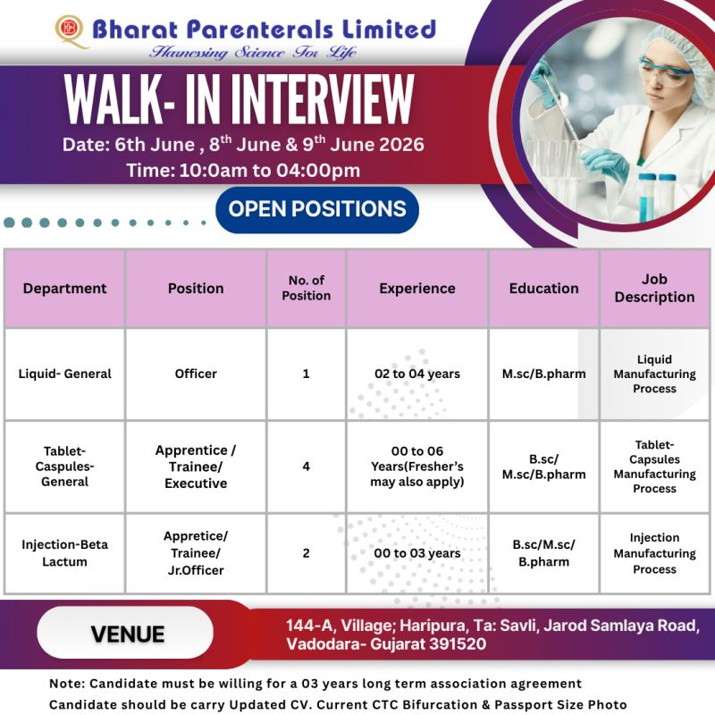 Bharat Parenterals Limited Walk-In Interview 2026