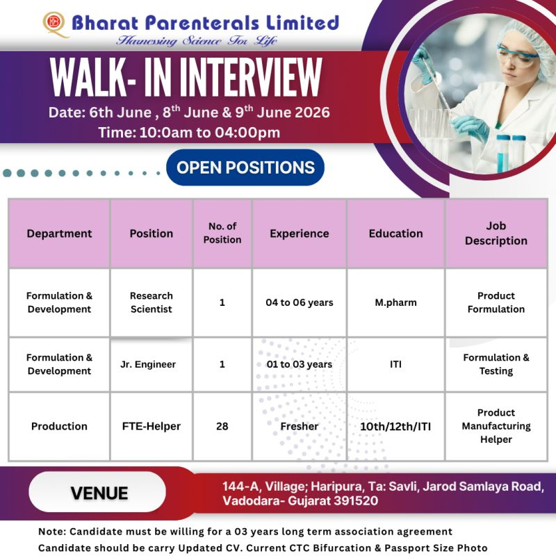 Bharat Parenterals Limited Walk-In Interview 2026 | QA, QC, Production, F&D, Purchase & Manager Jobs | Freshers Eligible
