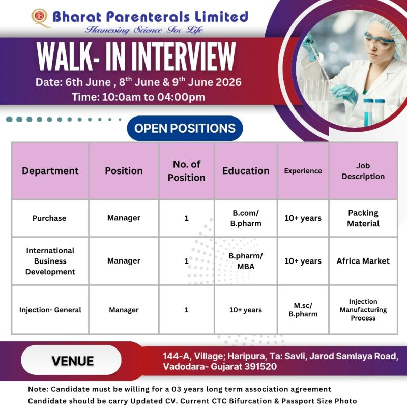 Bharat Parenterals Limited Walk-In Interview 2026 | QA, QC, Production, F&D, Purchase & Manager Jobs
