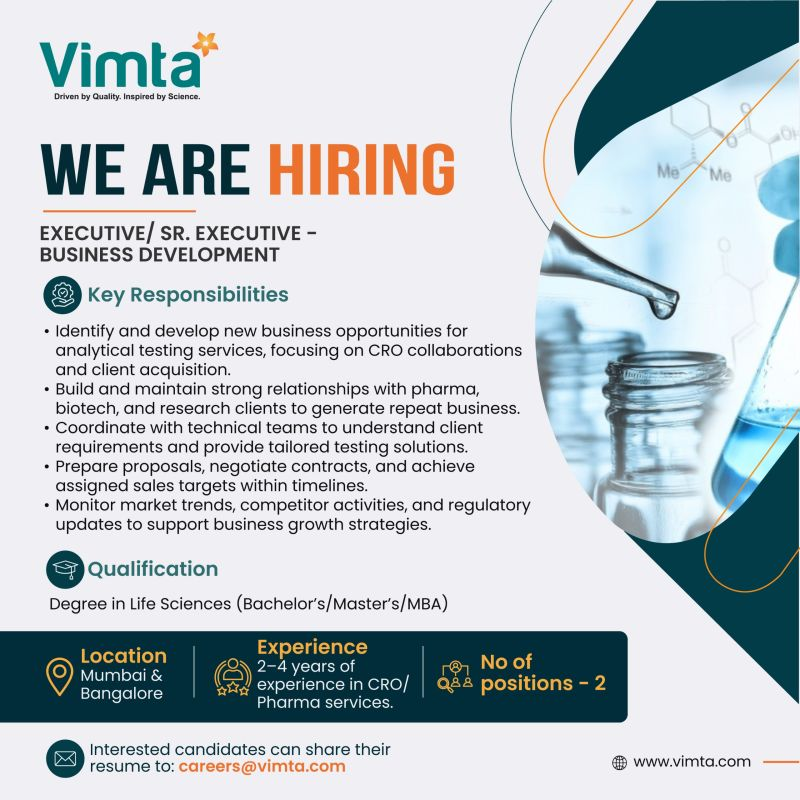 Vimta Hiring Executive/Sr. Executive – Business Development | CRO & Pharma Services Jobs 2026 | Mumbai & Bangalore