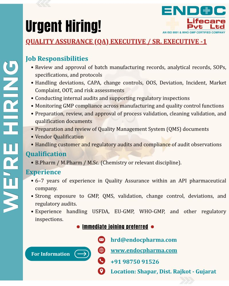 Endoc Lifecare Pvt Ltd Hiring QA & Regulatory Affairs