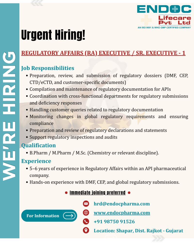 Endoc Lifecare Pvt Ltd Hiring QA & Regulatory Affairs