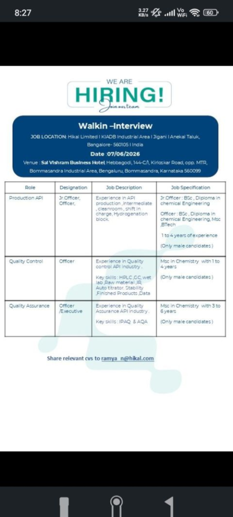 Hikal Limited Walk-in Interview on 7th June 2026