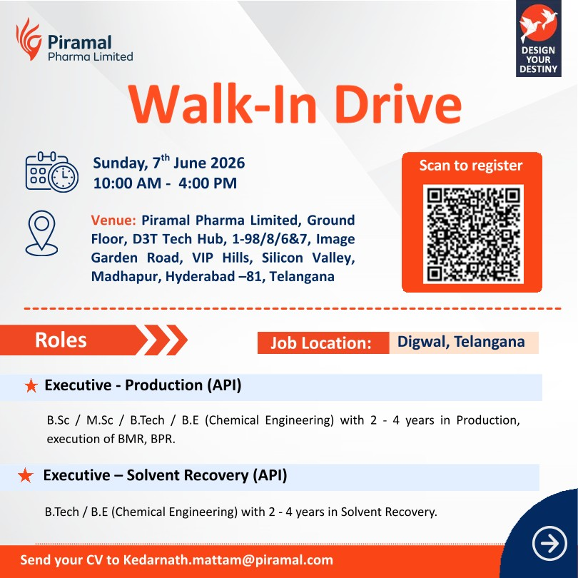 Piramal Pharma Limited Walk-in Drive on 7th June 2026