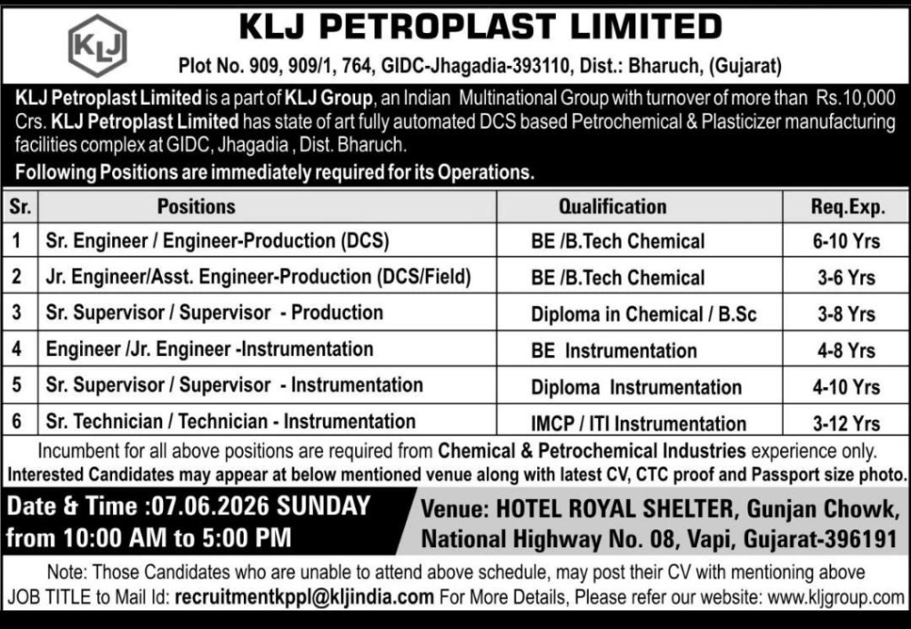 KLJ Petroplast Limited Walk-in Interview 2026 – Production & Instrumentation Engineer / Supervisor Jobs in Bharuch