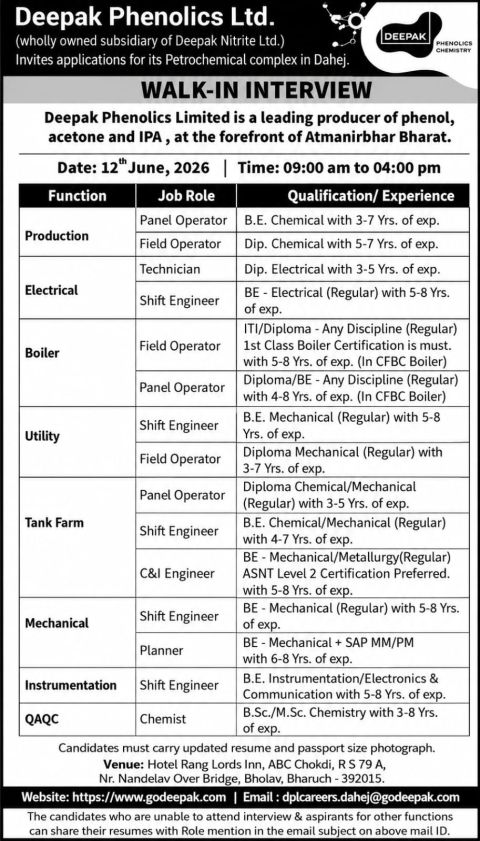 Deepak Phenolics Ltd Walk-in Interview on 12th June 2026