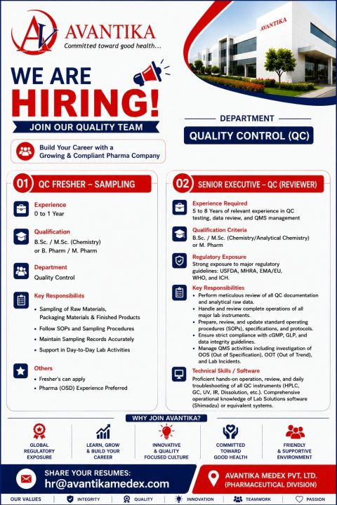 Avantika Medex Pvt. Ltd. Hiring 2026 – QC Fresher & Senior Executive (Reviewer) Jobs