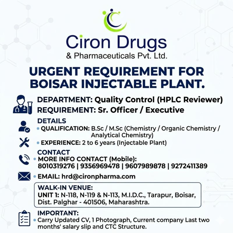 Ciron Drugs & Pharmaceuticals Walk-in / Urgent Hiring 2026 – Sr. Officer / Executive (HPLC Reviewer) QC Jobs in Boisar