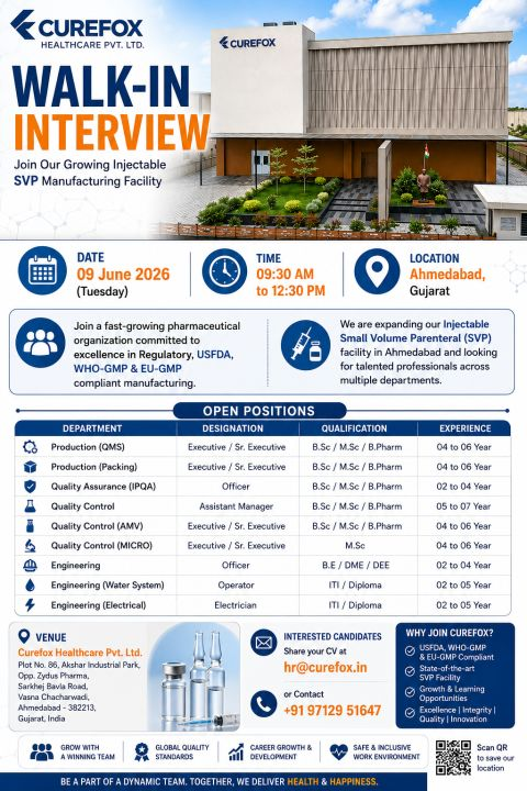 Curefox Healthcare Pvt. Ltd. is conducting a Walk-in Interview on 9th June 2026