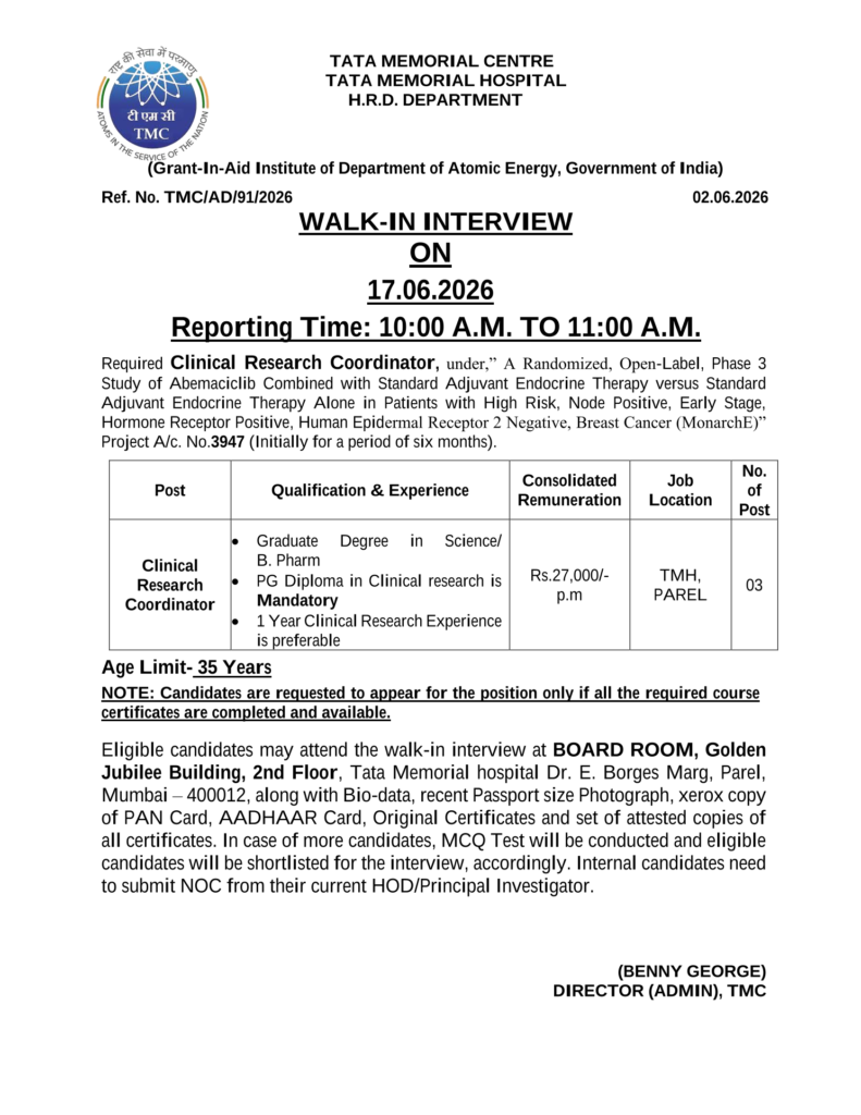 Tata Memorial Hospital Walk-in Interview on 17th June 2026