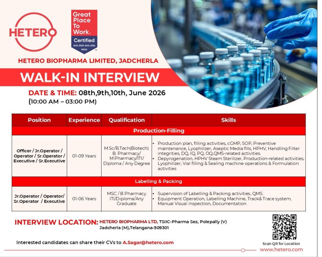 Hetero Biopharma Limited Walk-in Interview 2026 – Production (Filling & Packing) Jobs in Jadcherla, Hyderabad