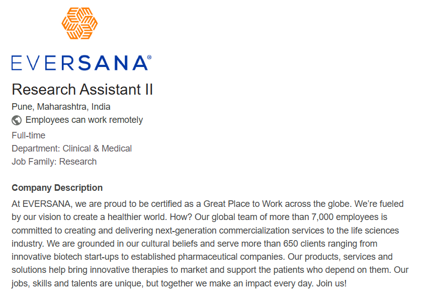 EVERSANA Hiring Research Assistant II – Literature Review & Clinical Research