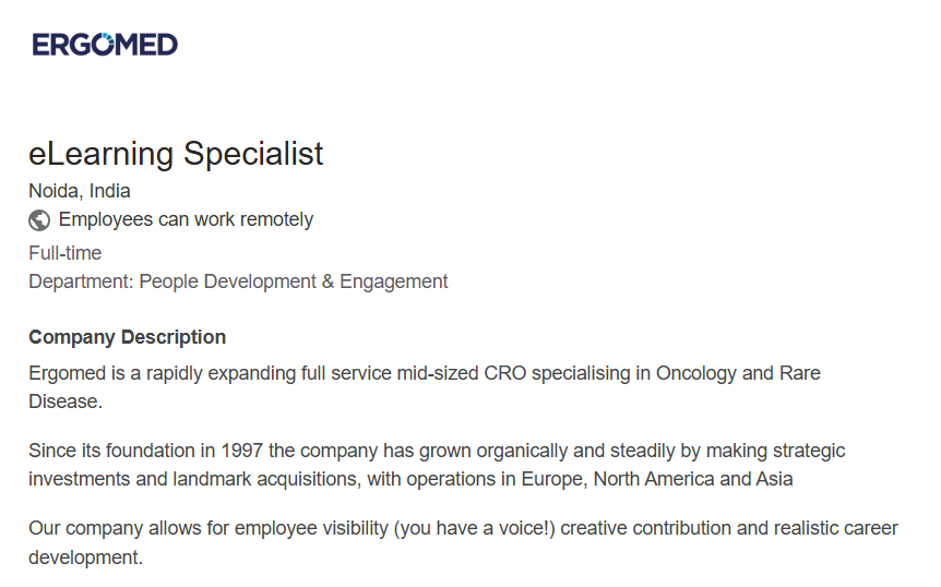 Ergomed Hiring eLearning Specialist – Instructional Design & Training Jobs in Noida (Remote Option)