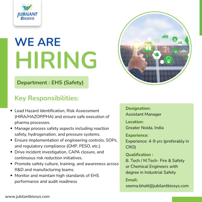 Jubilant Biosys Hiring Assistant Manager – EHS (Safety) Jobs in Greater Noida