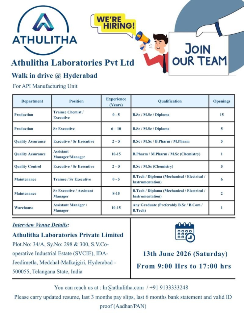 Athulitha Laboratories Pvt Ltd is conducting a walk-in drive on 13th June 2026 for multiple pharma jobs in API Manufacturing at Hyderabad.