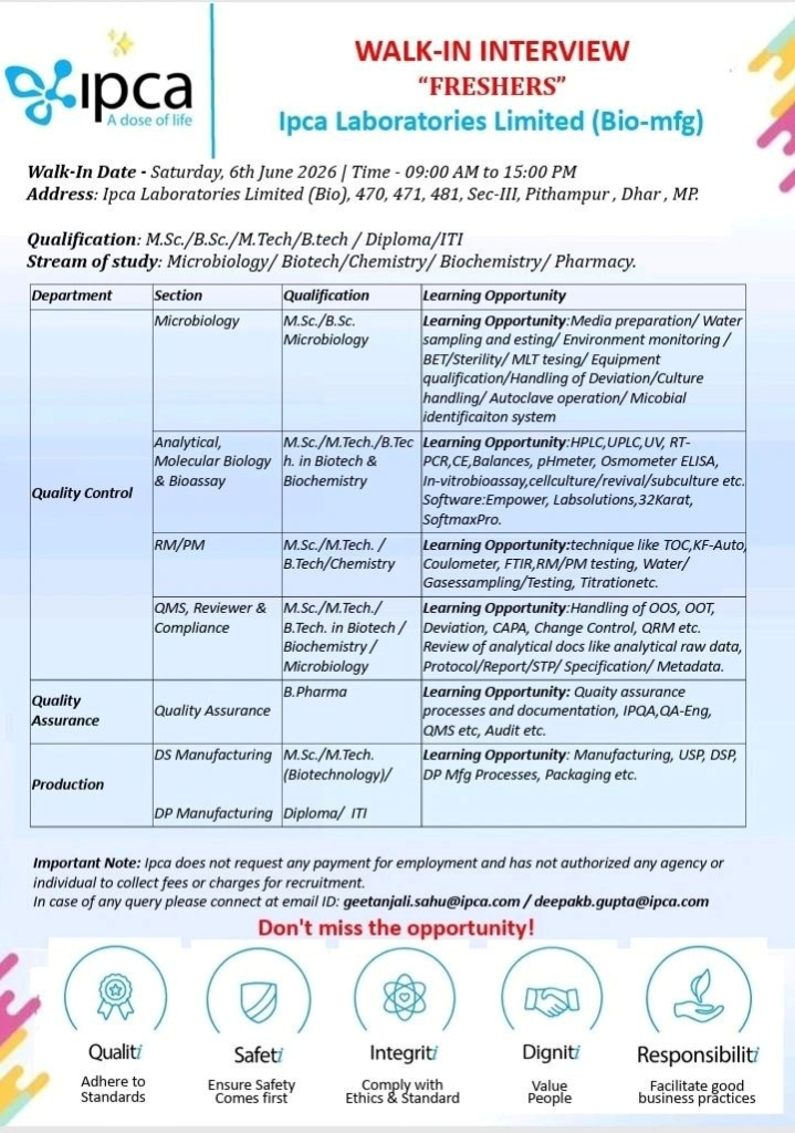 Join Ipca Laboratories Limited for exciting pharma jobs at their Bio-Mfg facility. This walk-in interview for freshers on 6th June 2026 offers opportunities in Microbiology, Quality Control, Quality Assurance, and Production.
