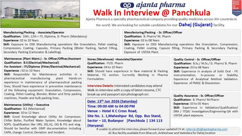 Ajanta Pharma is conducting a walk-in interview on 13th June 2026 at Panchkula for multiple pharma jobs in Manufacturing, Packing, Maintenance, Quality Control, Quality Assurance, and Stores at its Dahej facility.