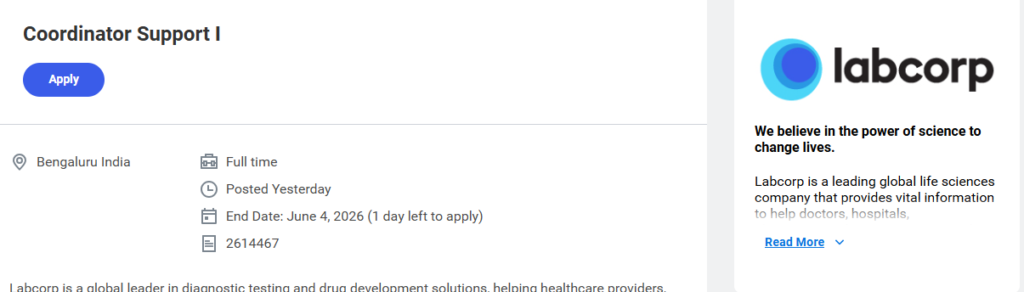 Labcorp is hiring a Clinical Publishing Coordinator for its Bangalore office. This full-time role offers excellent clinical research jobs and pharmaceutical careers in India. 