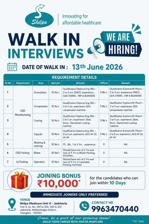 Shilpa Medicare is conducting a walk-in interview on 13th June 2026 for multiple pharma jobs in OSD Manufacturing, Packing, and Injectable operations at its Jadcherla facility.