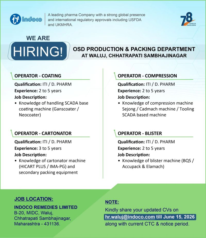 Indoco Remedies Limited Hiring OSD Production & Packing Operators at Waluj, Chhatrapati Sambhajinagar – Apply Before June 15, 2026