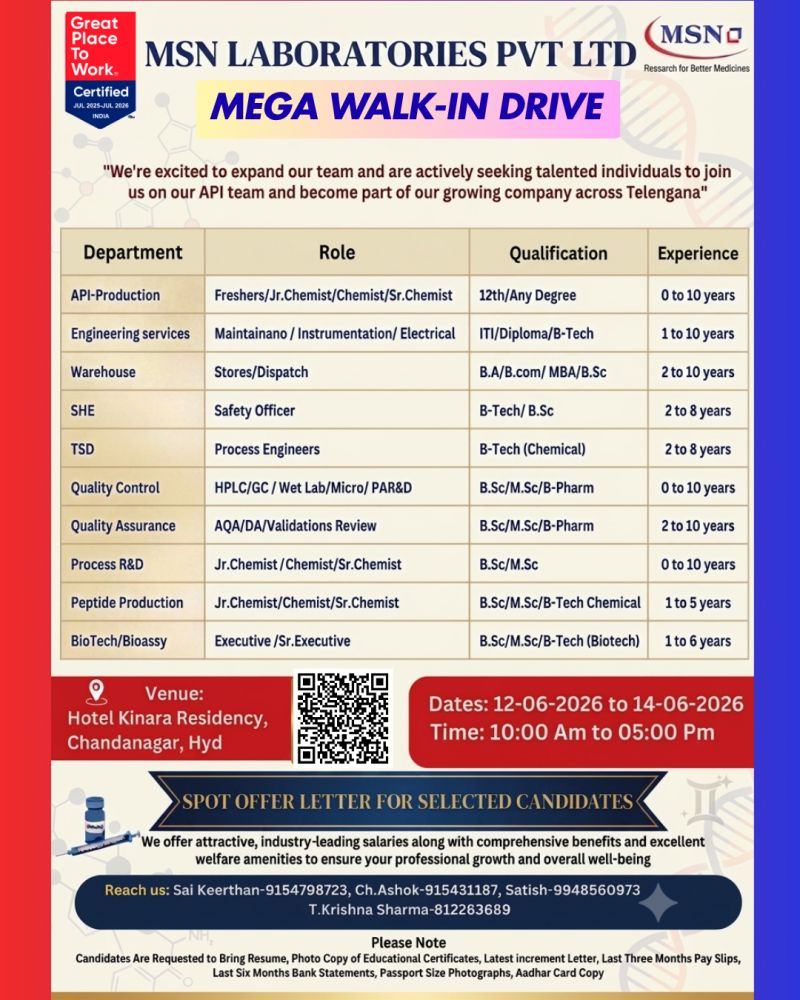 MSN Laboratories Mega Walk-In Drive 2026 for API Production, QC, QA, Warehouse, Engineering & R&D | Freshers Eligible from June 12 to June 14, 2026