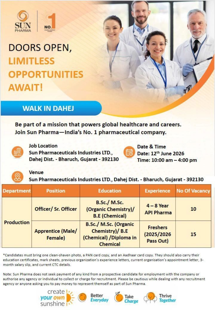 Sun Pharma is conducting a walk-in interview on 12th June 2026 for Production Officer / Sr. Officer and Apprentice positions at its Dahej plant.