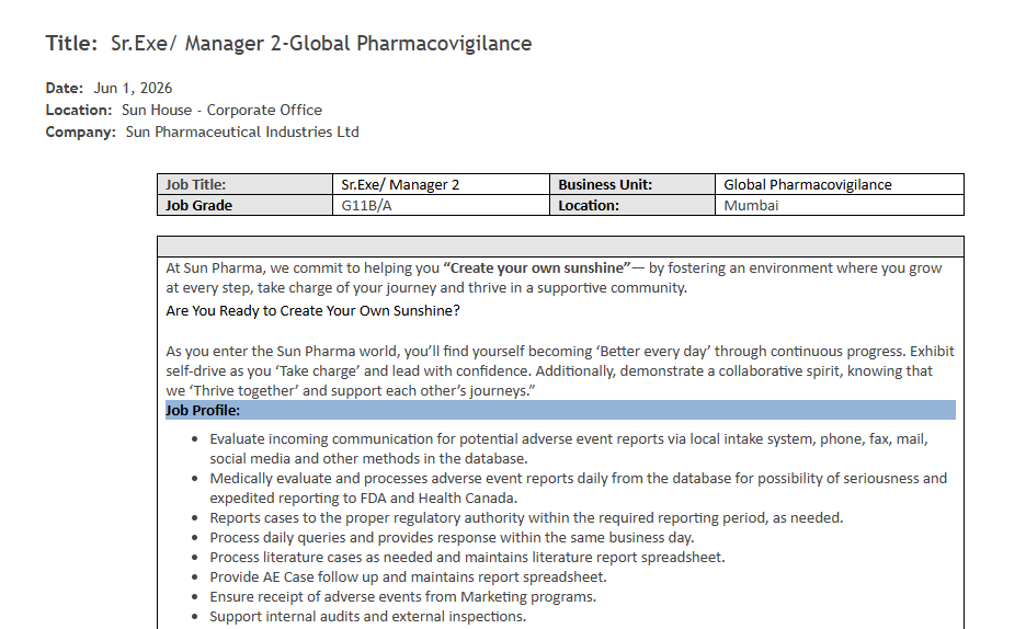 Sun Pharmaceutical Industries Ltd is hiring Sr. Executive / Manager for Global Pharmacovigilance in Mumbai.