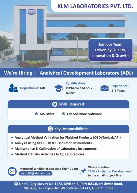 KLM Laboratories Pvt. Ltd. is hiring for Analytical Development Laboratory (ADL) positions in Vadodara.