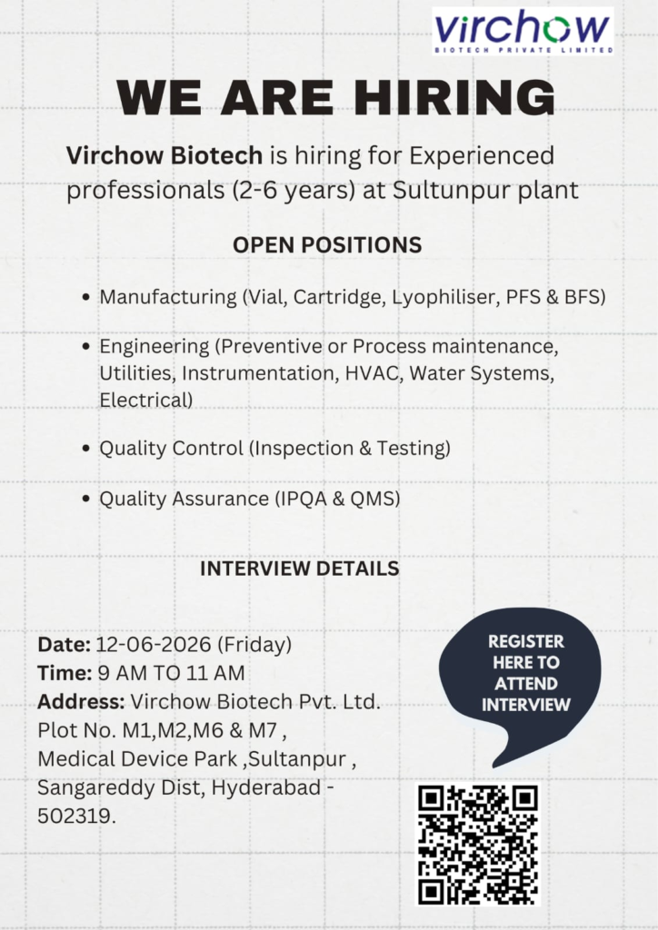 Virchow Biotech is conducting a walk-in interview on 12th June 2026 for experienced professionals in Manufacturing, Engineering, Quality Control, and Quality Assurance at its Sultanpur plant