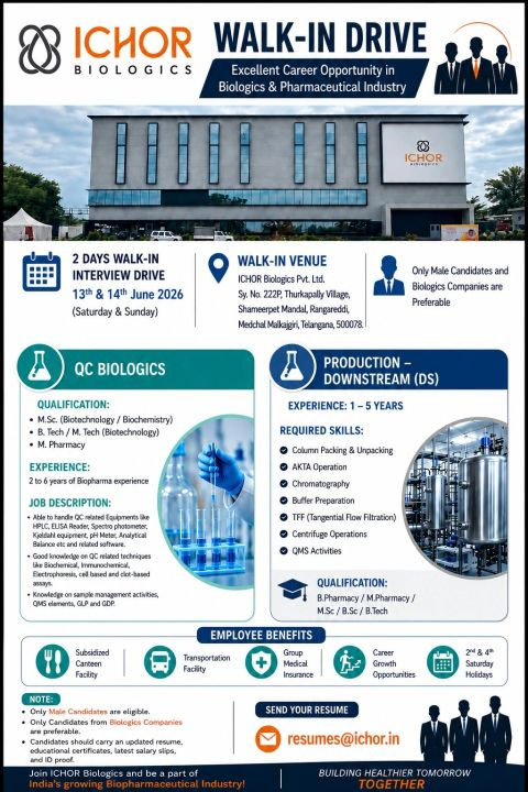 ICHOR Biologics is conducting a 2-day walk-in interview on 13th & 14th June 2026 for Production Downstream and Quality Control positions.