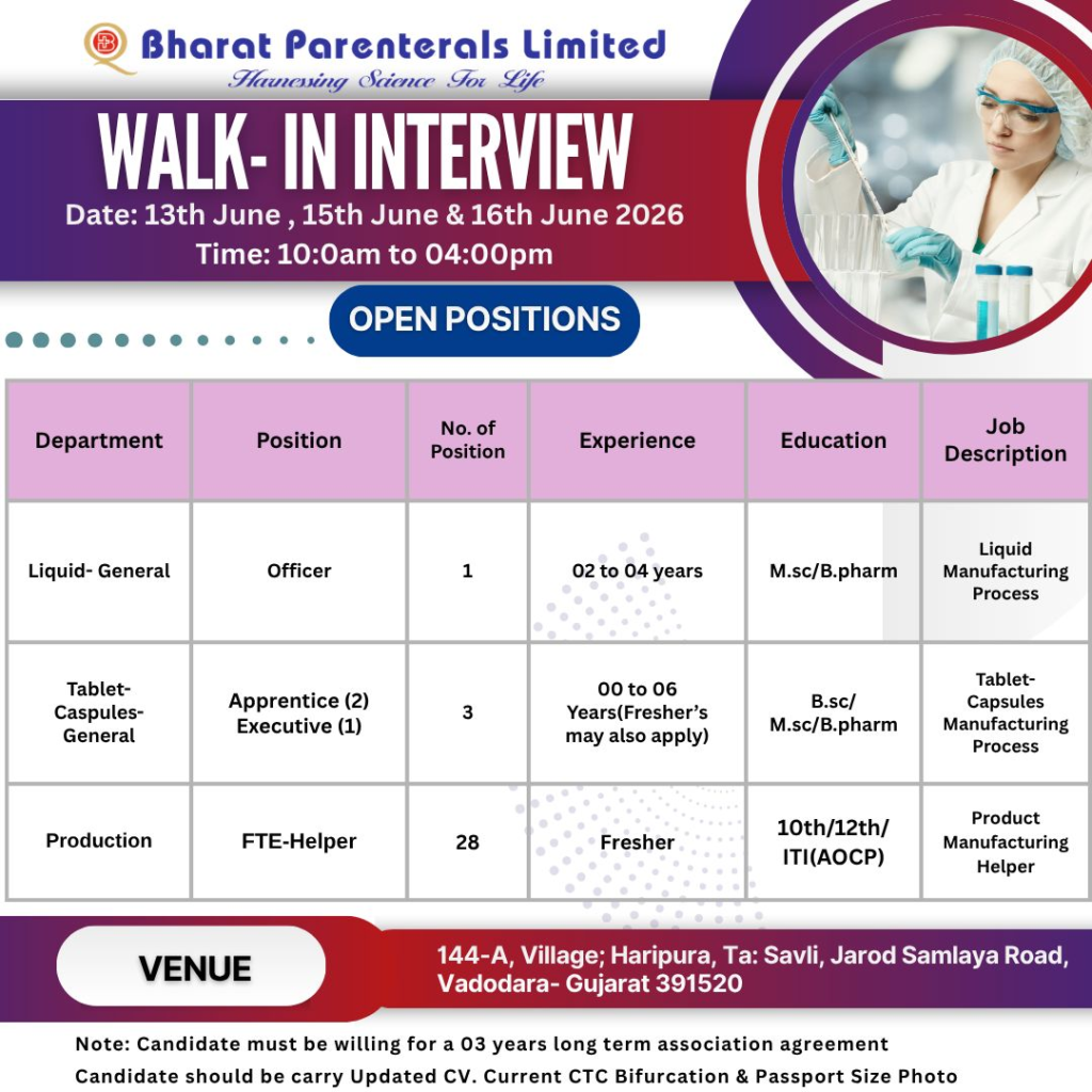 Bharat Parenterals Limited is conducting a walk-in interview from 13th, 15th, and 16th June 2026 for multiple pharma jobs in Production, Quality Control, and Quality Assurance at its Vadodara facility