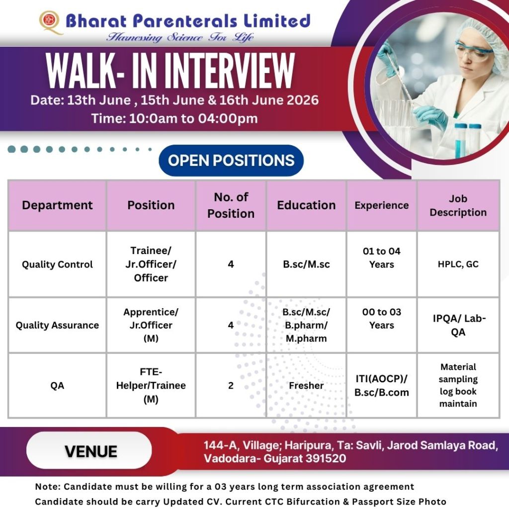 Bharat Parenterals Limited is conducting a walk-in interview from 13th, 15th, and 16th June 2026 for multiple pharma jobs in Production, Quality Control, and Quality Assurance at its Vadodara facility
