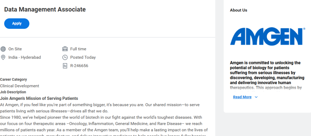 Amgen is hiring a Data Management Associate for its Hyderabad office. This full-time on-site role offers excellent opportunities in clinical data management jobs and pharmaceutical careers in India.