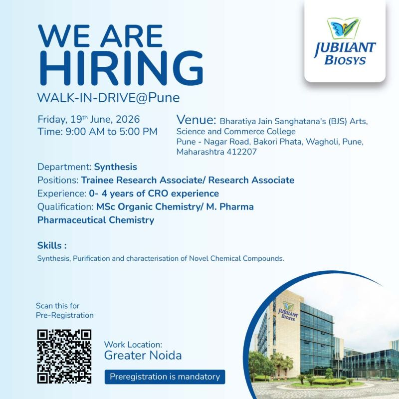 Jubilant Biosys Walk-in Drive on 19th June 2026