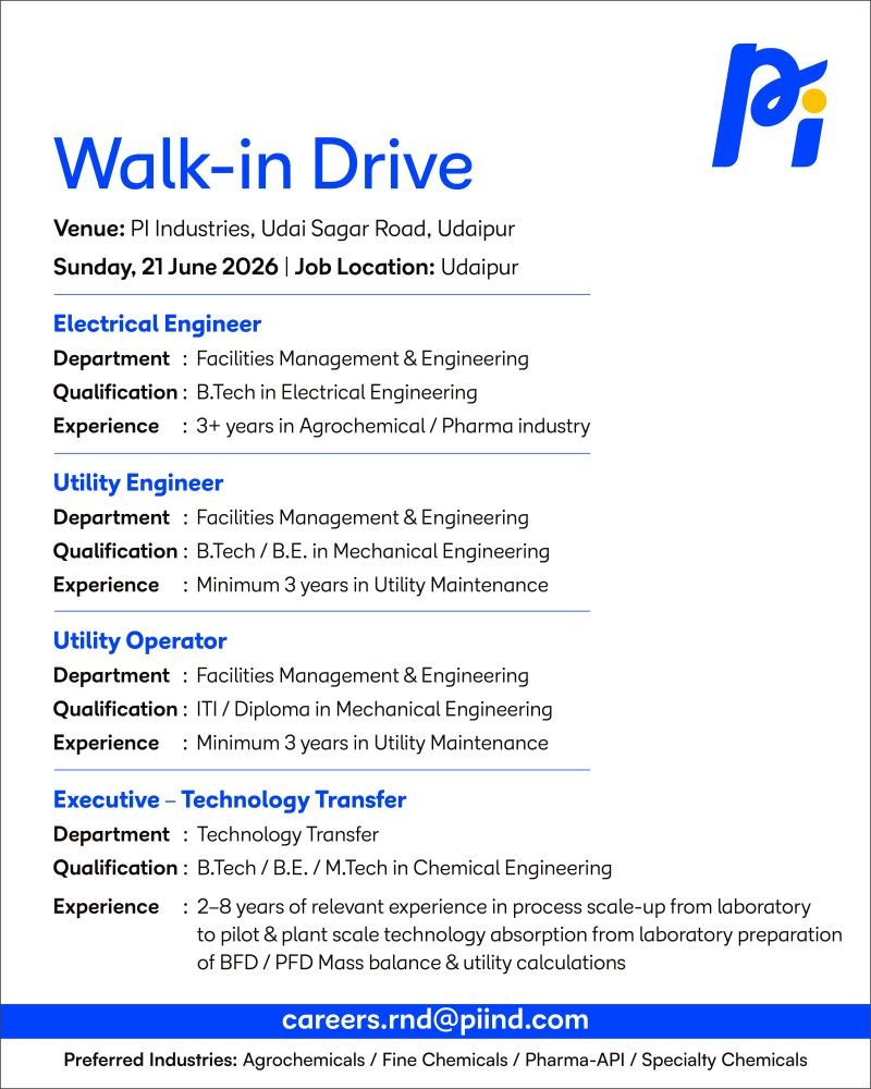 PI Industries is conducting a walk-in interview on 21st June 2026 for Electrical Engineer, Utility Engineer, Utility Operator, and Executive – Technology Transfer positions at its Udaipur facility.