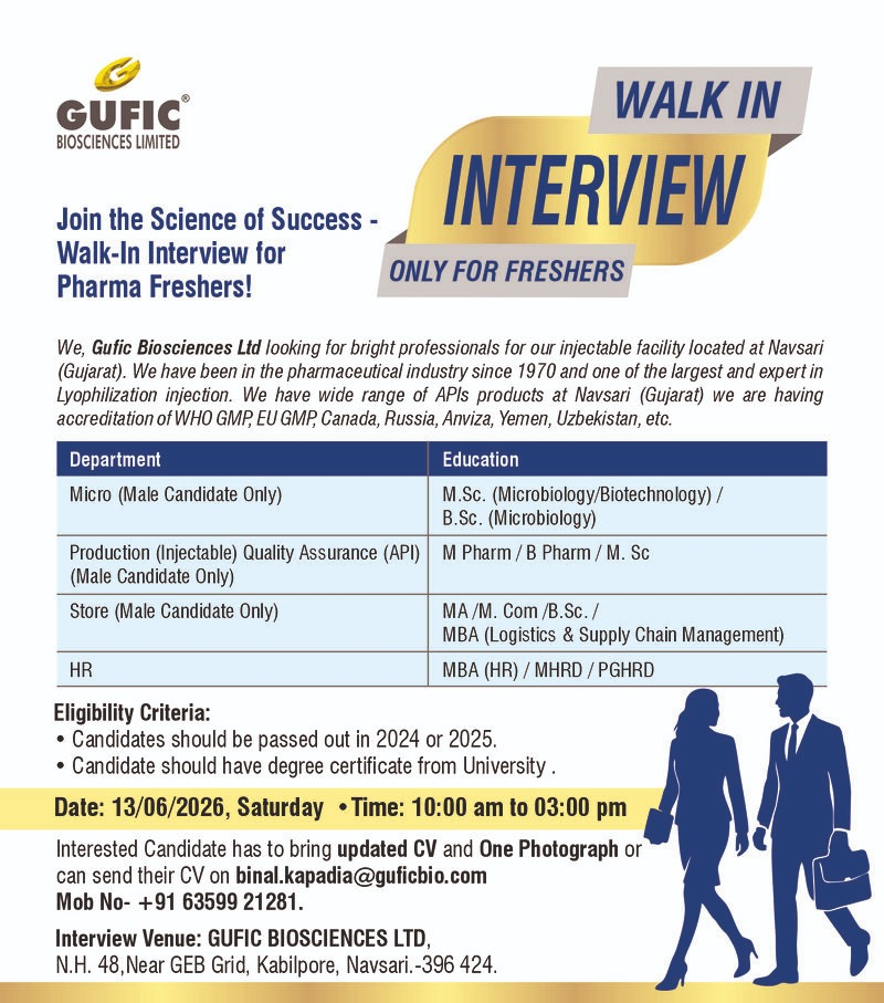 Looking for pharma jobs in Gujarat? Gufic Biosciences Limited is conducting a walk-in interview for freshers for Microbiology, Production, QA, Store, and HR roles at its Navsari facility.