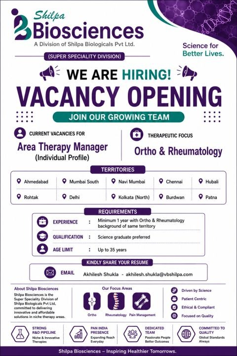 Shilpa Biosciences is hiring Area Therapy Managers across multiple cities for its super speciality division.