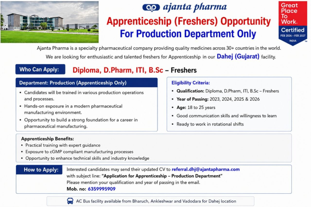 Ajanta Pharma is offering Apprenticeship opportunities for freshers in the Production department at its Dahej facility.