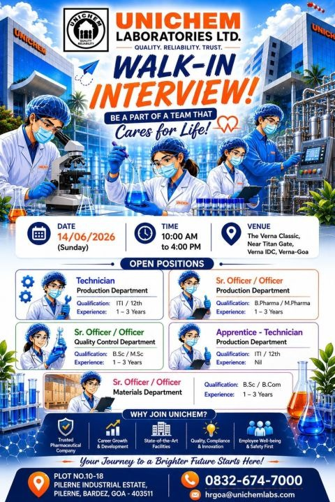 Unichem Laboratories is conducting a walk-in interview on 14th June 2026 for multiple pharma jobs in Production, Quality Control, and Materials departments at its Goa facility.
